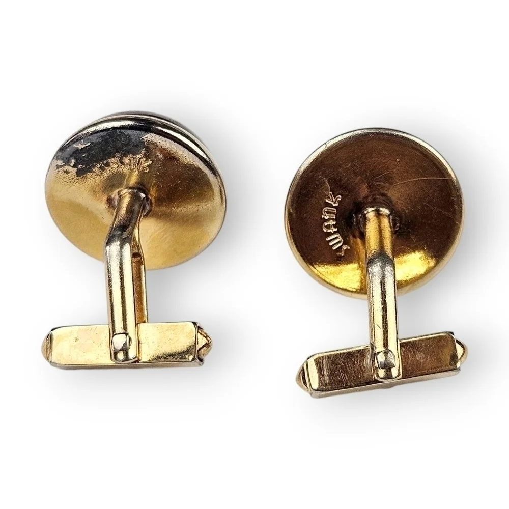 Swank Cufflinks Tie Bar Set Red Moonglow Lucite Cabochon Gold Plated Vintage 60s